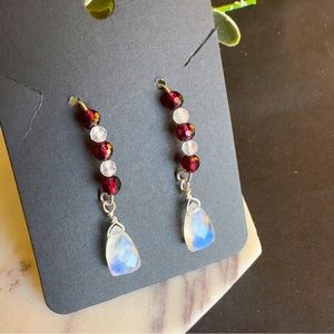 Moonstone Garnet Earrings Sterling Silver Dangle Gemstone